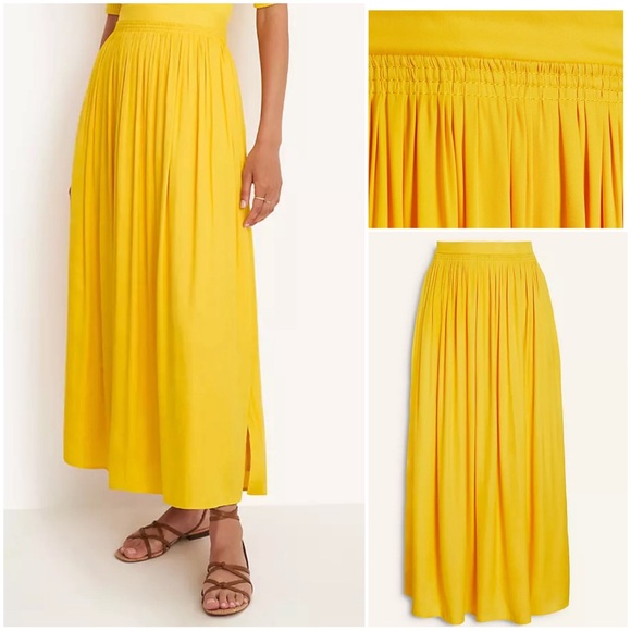 •ANN TAYLOR• Shirred Maxi Skirt in Bright Daffodil Yellow Size 16 Pockets - Picture 1 of 15
